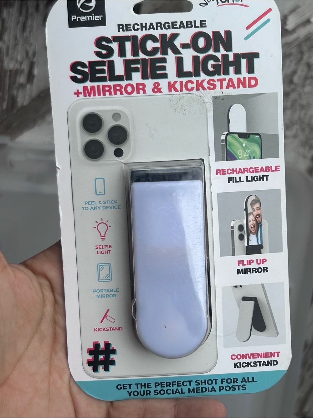 Premier Stick-On Selfie Light with Mirror in White and Lilac